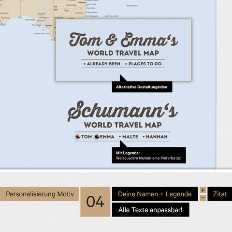 Pinnwand Leinwand einer Antarktis-Weltkarte in Multicolor Atlas mit personalisiertem Logo als Familiennamen