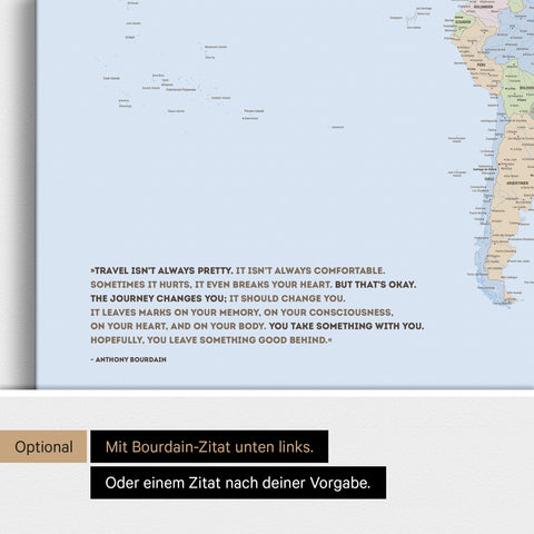 Personalisierbare Weltkarte mit Antarktis in Multicolor Atlas mit Zitat von Anthony Bourdain