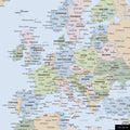 A detailed section of a political world map pinboard shows a part of Europe with all countries and capitals.