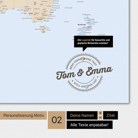 Personalisierte Magnet-Weltkarte in Multicolor Atlas mit eingedruckten Namen und einer Legende zur Markierung von besuchten Orten