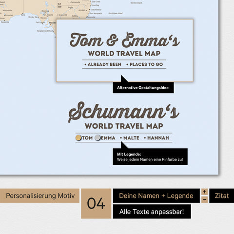 Magnetboard Weltkarte in Multicolor Atlas mit Personalisierung als Logo mit Familiennamen