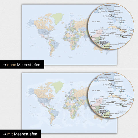 Political world map in color multicolor atlas with two-dimensional sea depths