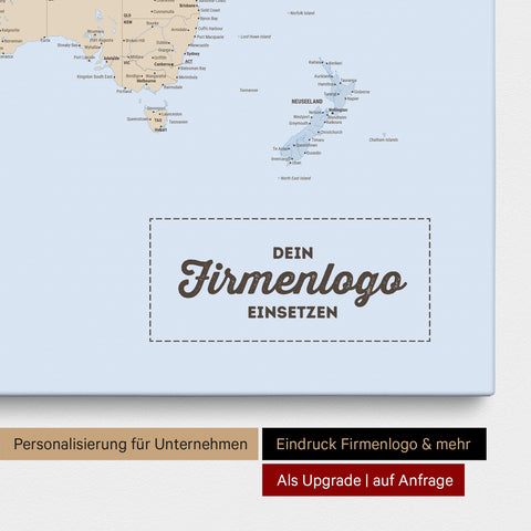 Politische Weltkarte als Pinn-Leinwand in Multicolor Atlas, auf die ein Firmenlogo eingedruckt werden kann und weitere Individualisierungen als Sonderanfertigung vorgenommen werden können