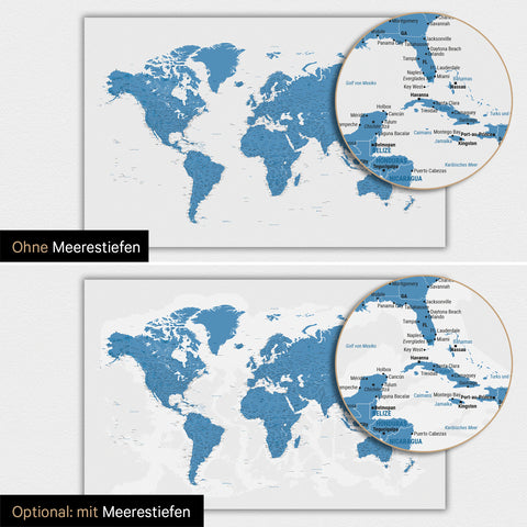 Weltkarte-Poster in Blau mit zweidimensionalen Meerestiefen