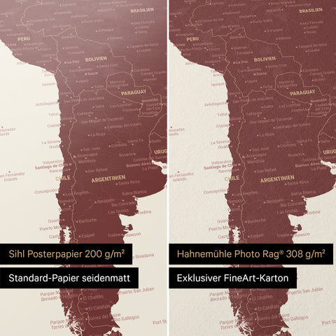 Weltkarte in Bordeaux Red als Poster in den Papiersorten Sihl Posterpapier oder Hahnemühle Photo Rag