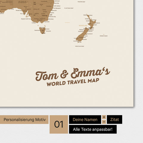 Personalisierte Weltkarte als Poster in Bronze mit deinem Namen eingedruckt