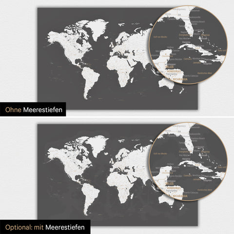 Weltkarte-Poster in Dark Gray mit zweidimensionalen Meerestiefen