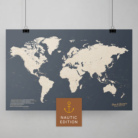 Weltkarte als Poster in Hale Navy (Blau-Gold) zum Pinnen und Markieren von Reisezielen kaufen