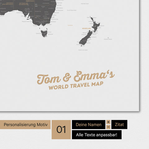 Personalisierte Weltkarte als Poster in Light Gray mit deinem Namen eingedruckt