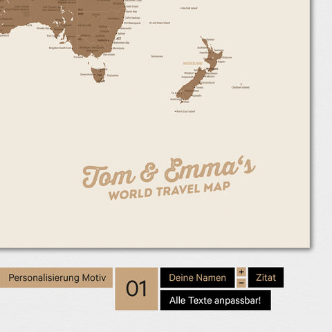 Personalisierte Weltkarte als Poster in Multicolor Brown mit deinem Namen eingedruckt