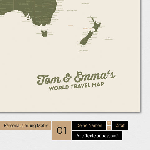 Personalisierte Weltkarte als Poster in Olive Green mit deinem Namen eingedruckt