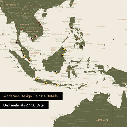 Ausschnitt aus Weltkarte Poster in Olive Green zeigt Karten von Asien