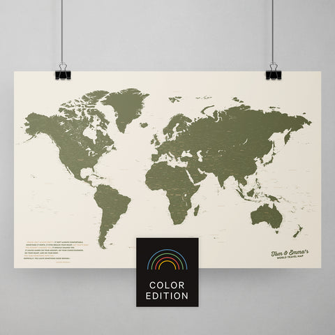 Weltkarte als Poster in Olive Green zum Pinnen und Markieren von Reisezielen kaufen
