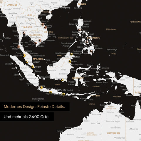 Ausschnitt aus Weltkarte Poster in Schwarz-Weiß zeigt Karten von Asien