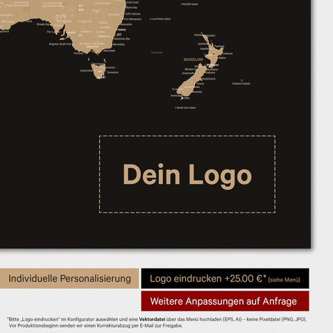 Weltkarte Poster in Sonar Black (Schwarz-Gold) mit eingedrucktem Firmenlogo