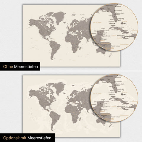 Weltkarte-Poster in Warmgray (Braun-Grau) mit zweidimensionalen Meerestiefen