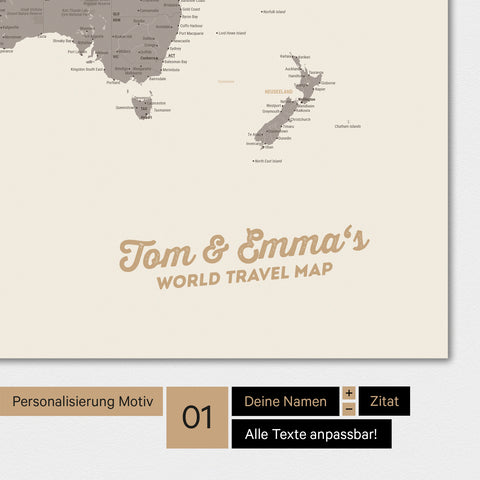 Personalisierte Weltkarte als Poster in Warmgray (Braun-Grau) mit deinem Namen eingedruckt