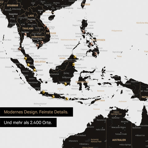 Ausschnitt aus Weltkarte Poster in Weiß-Schwarz zeigt Karten von Asien