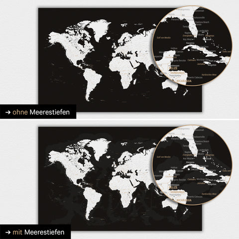 Weltkarte in Farbe Schwarz-Weiss mit zweidimensionalen Meerestiefen