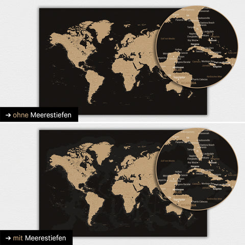 World map in Sonar Black color (black-gold) with two-dimensional sea depths