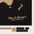 Personalized world map in Sonar Black color (black-gold) with your name printed