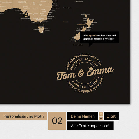 Alternative design for personalization with your name on a world map in Sonar Black color (black-gold)