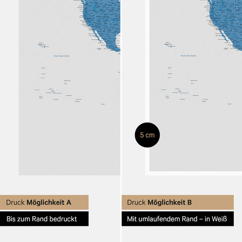 Weltkarte als Foto-Tapete in Blau, wahlweise randlos bedruckt oder mit einem umlaufenden Passepartout in Weiss