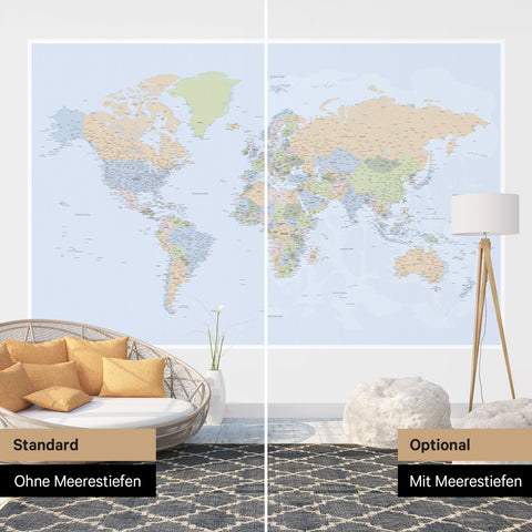 Weltkarte Foto-Tapete in Multicolor Atlas mit zweidimensionalen Meerestiefen als optische Ergänzung