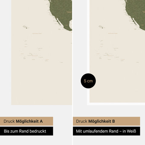 Weltkarte als Foto-Tapete in Olive Green, wahlweise randlos bedruckt oder mit einem umlaufenden Passepartout in Weiss