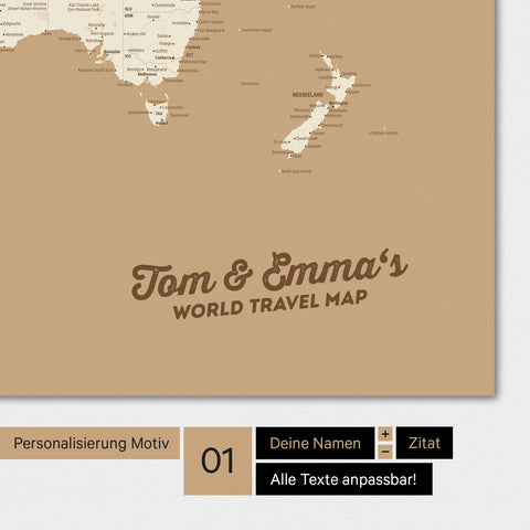 Personalisierte Weltkarte in Farbe Treasure Gold mit deinem Namen eingedruckt