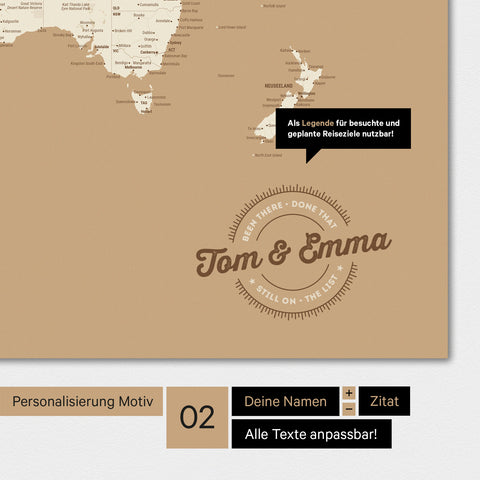 Alternative design for personalization with your name on a world map in Treasure Gold color