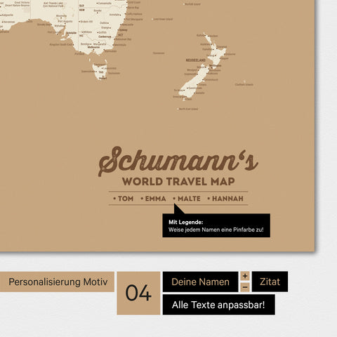 World map in Treasure Gold color with personalization as a family logo