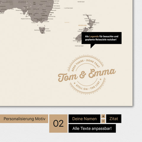 Alternative design for a personalization with your name on a world map in Warmgray color (brown-gray)