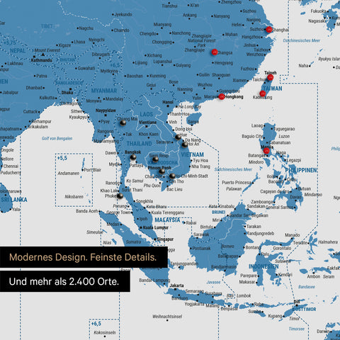 Ausschnitt einer Zeitzonen-Weltkarte in Blau zeigt einen Ausschnitt von Südost-Asien