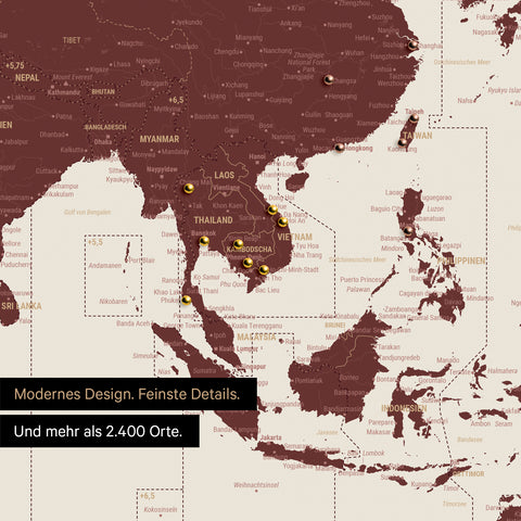 Ausschnitt einer Zeitzonen-Weltkarte in Bordeaux-Rot zeigt einen Ausschnitt von Südost-Asien