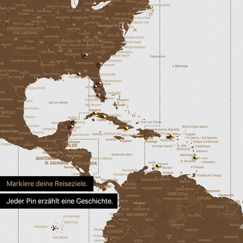 Detail einer Weltkarte mit Zeizonen als Pinn-Leinand in Farbe Braun zeigt einen Kartenausschnitt von USA, Karibik und Südamerika