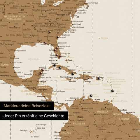 Detail einer Weltkarte mit Zeizonen als Pinn-Leinand in Farbe Bronze zeigt einen Kartenausschnitt von USA, Karibik und Südamerika