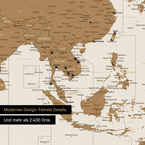 Ausschnitt einer Zeitzonen-Weltkarte in Bronze zeigt einen Ausschnitt von Südost-Asien