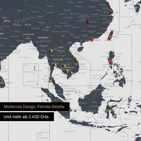 Ausschnitt einer Zeitzonen-Weltkarte in Denim Blue zeigt einen Ausschnitt von Südost-Asien