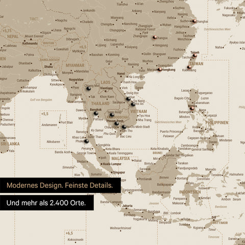 Ausschnitt einer Zeitzonen-Weltkarte in Desert Sand (Beige) zeigt einen Ausschnitt von Südost-Asien