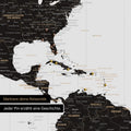 Detail einer Zeitzonen-Weltkarte als Pinn-Leinwand in Light Black zeigt eine mit Pins abgesteckte Reiseroute in der Karibik und im Süden der USA