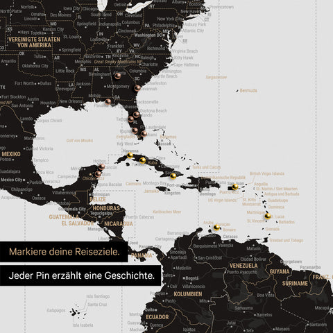 Detail einer Weltkarte mit Zeizonen als Pinn-Leinand in Farbe Light Black zeigt einen Kartenausschnitt von USA, Karibik und Südamerika