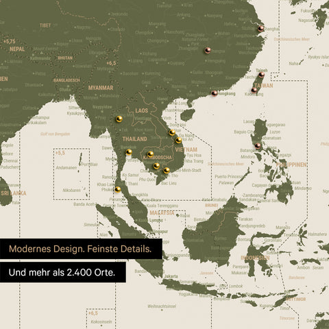Ausschnitt einer Zeitzonen-Weltkarte in Farbe Olive Green zeigt Karte von Asien und verschieden farbigen Pins zur Markierung von besuchten Reisezielen