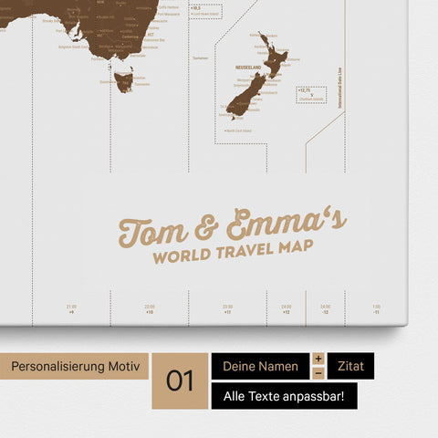 Zeitzonen-Weltkarte als Pinnwand Leinwand in Braun mit Personalisierung und Eindruck mit deinem Namen