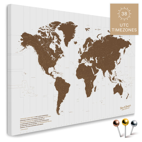 Weltkarte mit 38 UTC Zeitzonen in Farbe Braun als Pinnwand Leinwand zum Pinnen und Markieren von Reisezielen kaufen