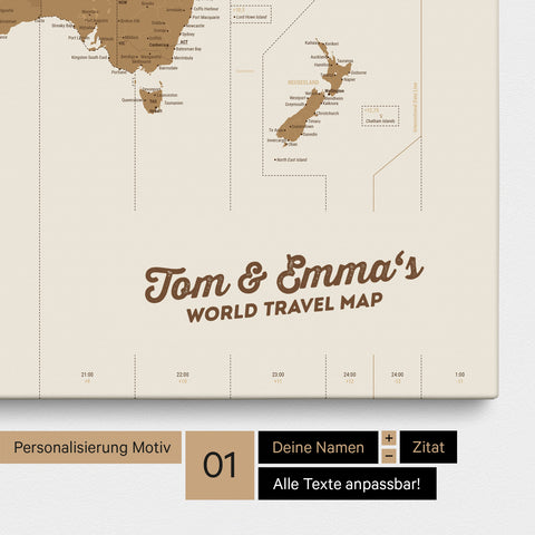 Weltkarte mit UTC-Zeitzonen als Pinnwand Leinwand in Farbe Bronze mit Personalisierung durch textlichen Eindruck von Vornamen und Familiennamen