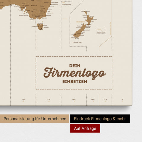 Zeitzonen Weltkarte als Pinn-Leinwand in Farbe Bronze mit Eindruck eines Firmenlogos