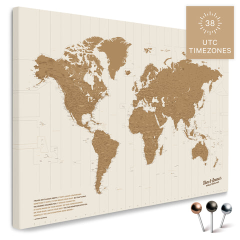 Weltkarte mit 38 UTC Zeitzonen in Farbe Bronze als Pinnwand Leinwand zum Pinnen und Markieren von Reisezielen kaufen