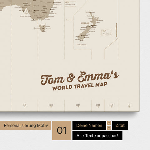 Zeitzonen-Weltkarte als Pinnwand Leinwand in Desert Sand (Beige) mit Personalisierung und Eindruck mit deinem Namen