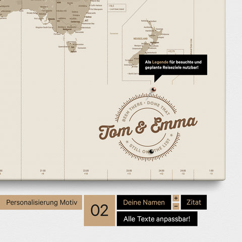 Personalisierte UTC Zeitzonen-Weltkarte als Pinnwand Leinwand in Desert Sand (Beige) mit eingedruckten Namen und einer Legende zur Markierung von besuchten Orten